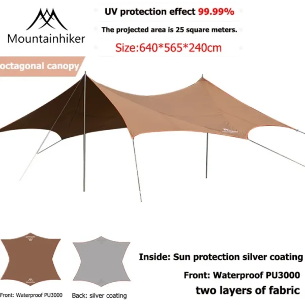 MOUNTAINHIKER Muya Canopy/Canopy/Tarp (15 Persons) Silver Plated Camping Tarp Awning Coated Camping Canopy Camping Tent Rainproof Tent Cover, Complete Kit, 6.4x5.6 with 2 Pole